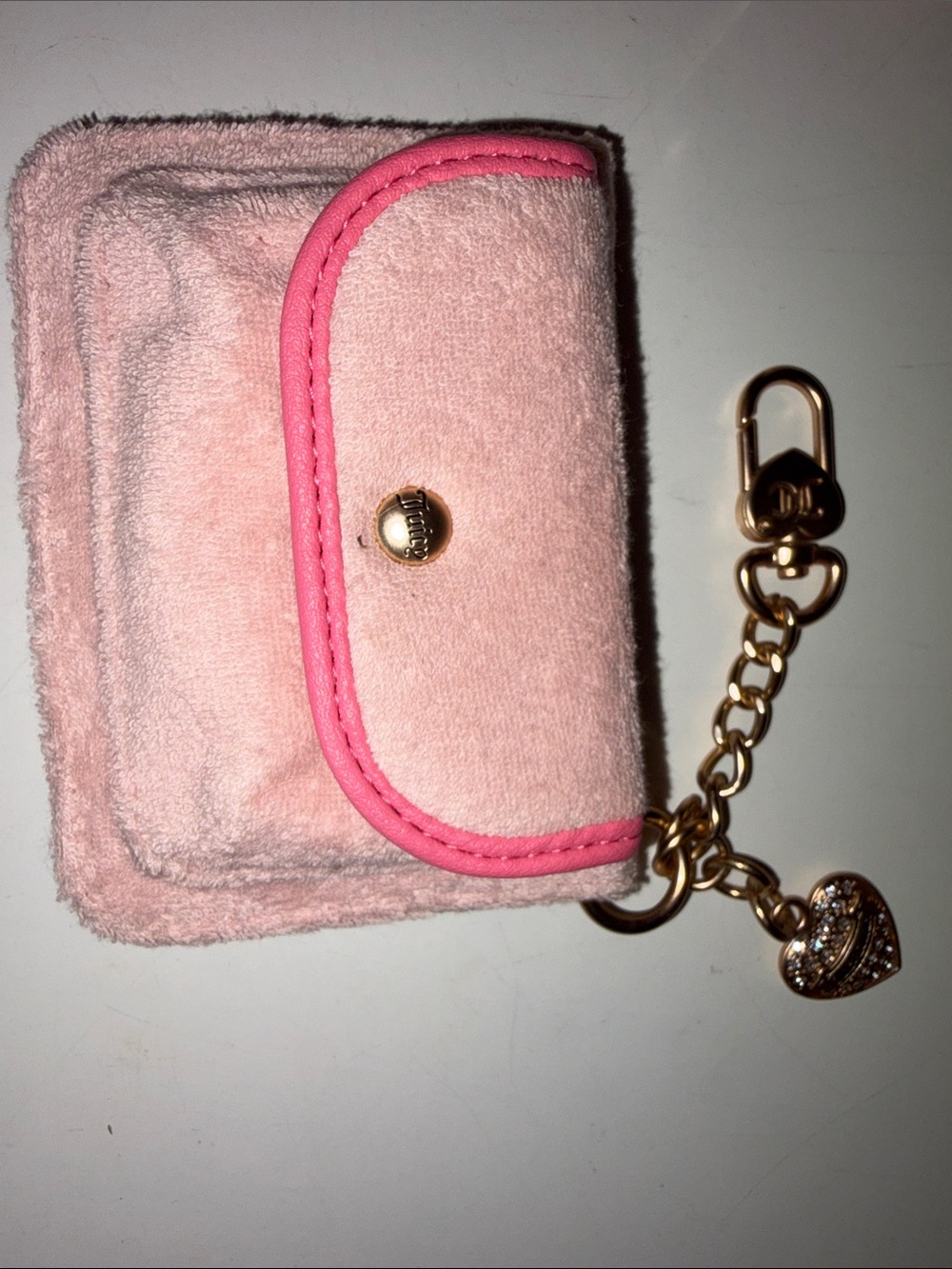 Juicy Couture Pink Plush Key & Card Holder with Gold Heart Charm